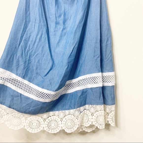 Lovers & Friends Blue Chambray Denim Lace Cutout Tie Front Saffron Midi Dress - Picture 5 of 9